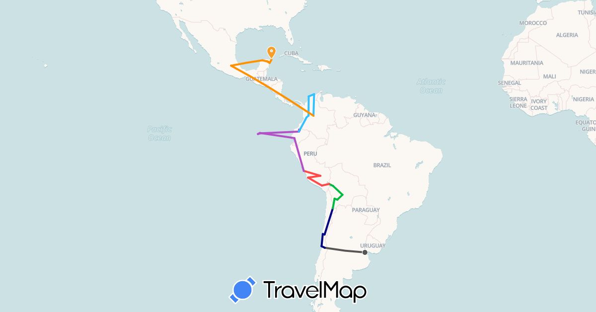 TravelMap itinerary: driving, bus, train, hiking, boat, hitchhiking, motorbike in Argentina, Bolivia, Chile, Colombia, Ecuador, Mexico, Peru (North America, South America)